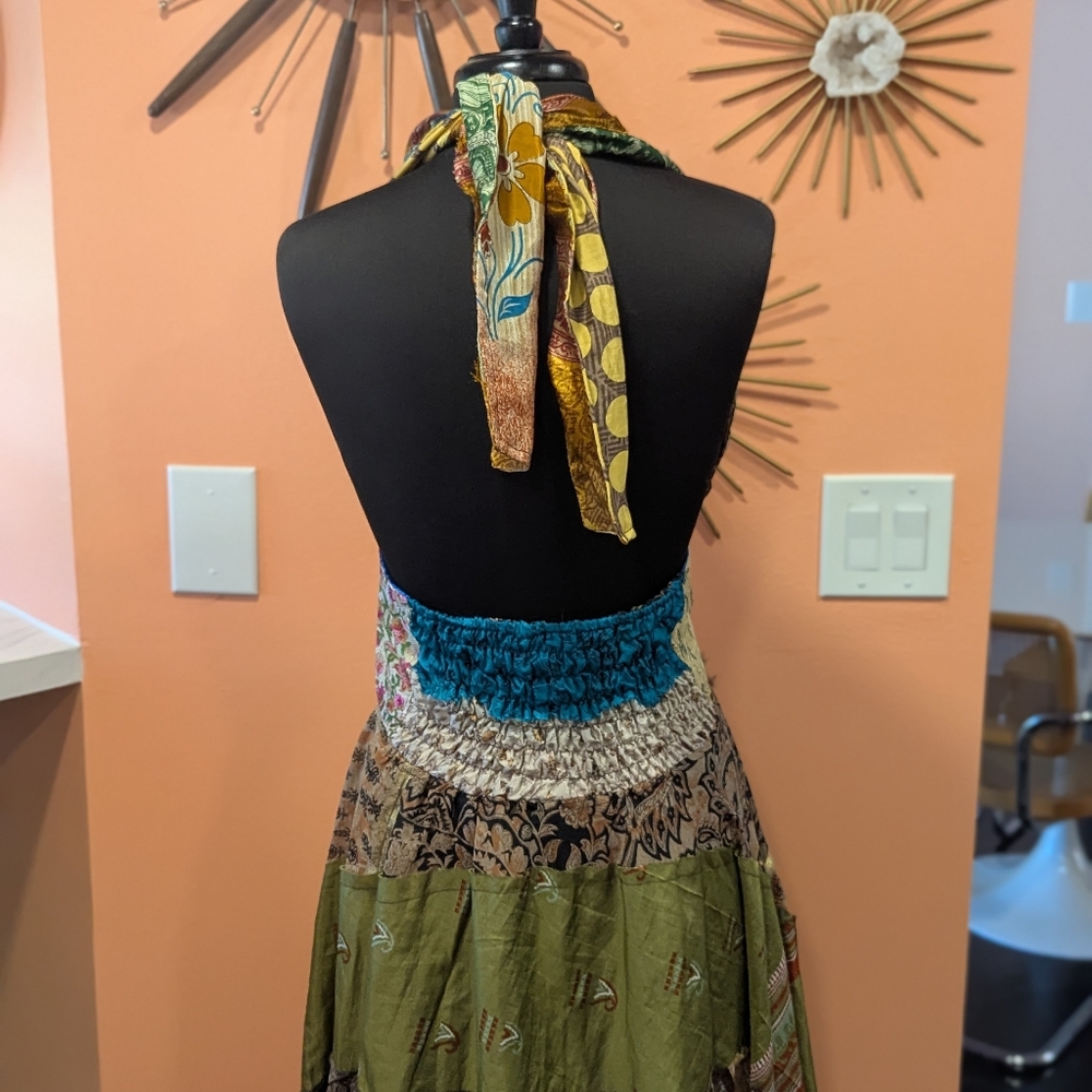 Bohenian Jack Pot Silk Multicolor Patchwork Halter Dress Maxi Festival - Picture 5 of 16